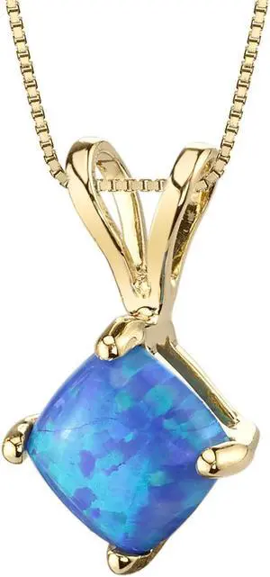 14k Yellow Gold Cushion Cut Created Blue Opal Pendant