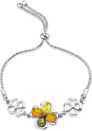 Baltic Amber Shamrock Sterling Silver Adjustable Friendship Bracelet