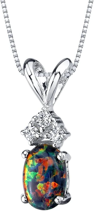 14k White Gold Oval Shape Created Black Opal Diamond Pendant 14k White Gold Oval Shape Created Black Opal Diamond Pendant
