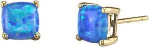 14K Yellow Gold Cushion Cut Created Blue Opal Stud Earrings