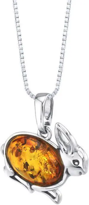 Baltic Amber Sterling Silver Bunny Rabbit Pendant Necklace Cognac Color