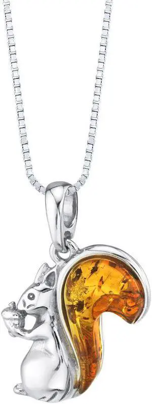 Baltic Amber Sterling Silver Squirrel Pendant Necklace Cognac Color