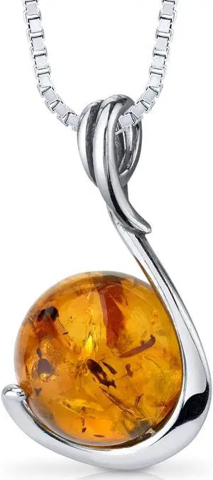 Baltic Amber Sphere Pendant Necklace Sterling Silver Cognac Color