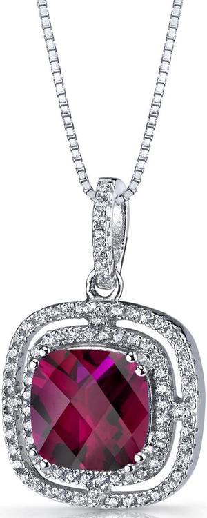 Created Ruby Cushion Cut Pendant Necklace Sterling Silver 4.25 cts