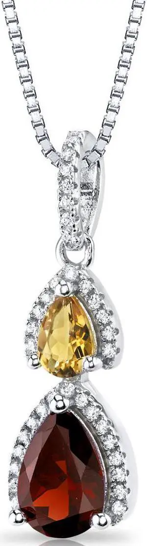 Garnet and Citrine Open Halo Pendant Necklace Sterling Silver 2 Stone 1.75 cts
