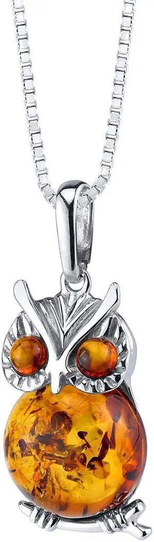 Baltic Amber Owl Pendant Necklace Sterling Silver Cognac Color