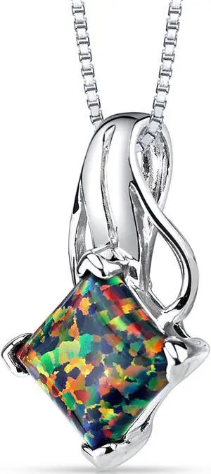 Created Black Opal Princess Cut Pendant Necklace Sterling Silver 1.50 cts