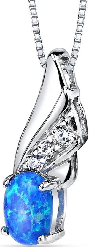 Created Blue Opal Angel Wing Pendant Necklace Sterling Silver