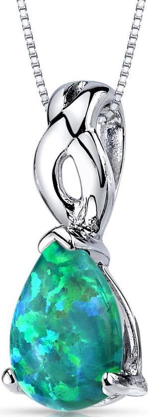 Created Green Opal Pendant Necklace Sterling Silver Pear Cabochon 1.75 cts