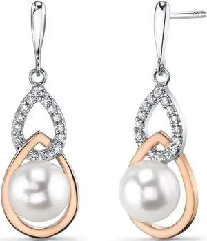 7.5Mm Freshwater Cultured White Pearl Drop Earrings Rose Gold Tone Sterling Silver