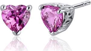 Created Pink Sapphire Heart Shape Stud Earrings Sterling Silver 2.00 Carats