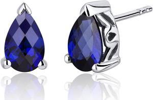 Created Blue Sapphire Pear Shape Stud Earrings Sterling Silver 2.00 Carats