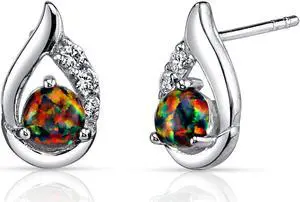 Created Black Opal Earrings Sterling Silver Round Cabochon