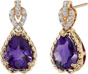 14k Rose Gold Amethyst and Lab Grown Diamond Dangle Earrings, 4 Cts