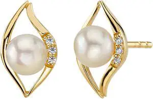 14K Yellow Gold Freshwater Pearl Leaf Design Stud Earrings