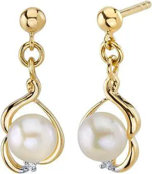 14K Yellow Gold Freshwater Pearl Round Button Shape Drop Earrings