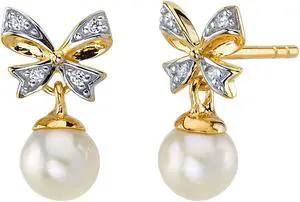 14K Yellow Gold Freshwater Pearl Bow Design Drop Earrings