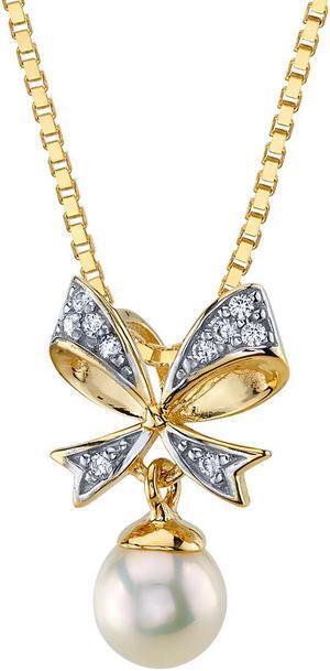 14K Yellow Gold Freshwater Pearl Bow Tie Dangle Pendant Necklace