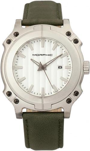 Morphic M68 Series Leather-Band Watch W/ Date - Silver/Olive