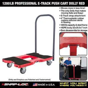 Snap-Loc 1200 Lb Professional E-Track Push Cart Dolly Red, Safely Moves More In Less Time With Easy Rolling Casters, Removeable Push Bar And Optional E-Strap Safety Attachment! SL1200P4TR