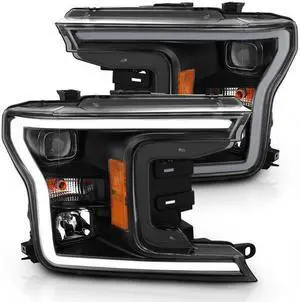 CG Headlights Ford F-150 18 Projector Plank Style H.L. Black Amber (Without Switchback) 02-AZ-FF18-PBC-P-G3-A Set