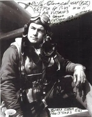 Col Billy Edens signed Vintage WWII/Vietnam/Korea Ace Pilot B&W 8x10 Photo 56 FTR Group P-47's-7 Air Victories - JSA #II11068