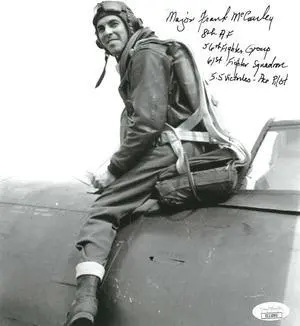 Major Frank McCauley signed WWII Vintage B&W 8x10 Photo 56th Fighter Group-5.5 Victories-Ace Pilot- JSA #II11093