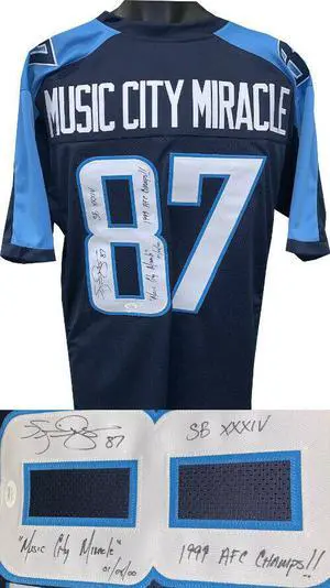 Music City Miracle w/ Kevin Dyson signed Navy Prostyle Jersey- JSA Witnessed- Music City Miracle/1/8/00/99 AFC Champs/SBXXXIV