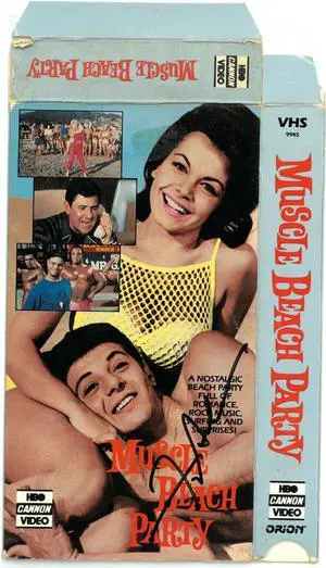 Frankie Avalon signed 1964 Muscle Beach Party VHS Video/Movie Cover wear- JSA #AA38192 (w/ Annette Funicello)
