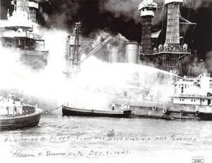 Lauren F. Bruner signed WWII Pearl Harbor Survivor B&W 8x10 Photo -JSA #II11657  w/ fighting fires (USS Arizona/Dec 7, 1941)