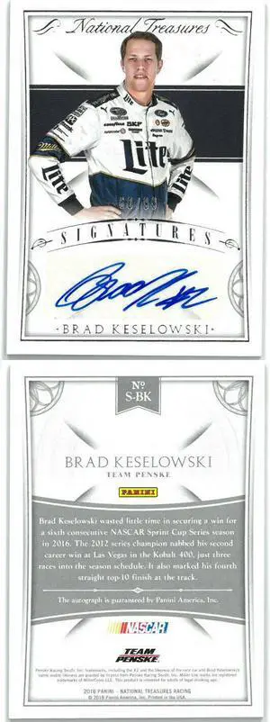 Brad Keselowski signed 2016 Panini National Treasures Racing Card #S-BK- LTD 60/99
