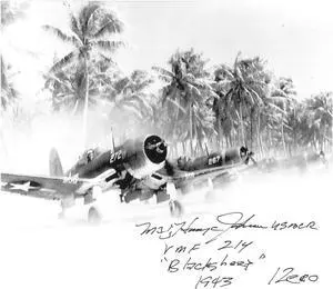 Major Harry Johnson signed 1943 Pappy Boyington's Black Sheep B&W Vintage 8x10 Photo- JSA #JJ96484- VMF 214 1943