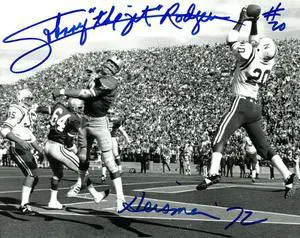 Johnny Rodgers signed Nebraska Cornhuskers B&W 8x10 Photo w/ The Jet/Heisman 72/#20