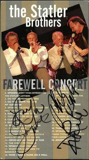 The Statler Brothers signed 2003 Farewell Concert VHS Music Video Cover w/ Tape 4-sig-Phil Balsley/Jimmy Fortune/Don/Harry Reid