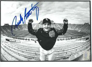 Rudy Ruettiger signed Notre Dame Fighting Irish Stadium B&W 8X10 Photo- Rudy 45 Hologram