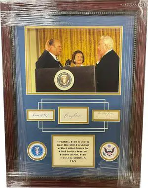Gerald Ford/Betty Ford/Chief Justice Warren Burger signed Cut sigs Custom Framing 38th POTUS 11x14 Photo w/Seals-JSA LOA- 21x28