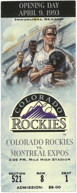 1993 Colorado Rockies Inaugural Season Ticket Stub vs Montreal Expos- Opening Day 4/9/93
