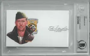 Lt Colonel Ed Saylor signed 3”x 5” cut signature w/ Image– BAS/Beckett Encapsulated (WWII Doolittle Raiders / B-25B Mitchell)