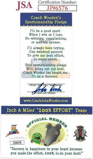 John Wooden signed UCLA Bruins Coach's Sportsmanship Pledge Official Member 2X3.5 Card- JSA #JJ96576