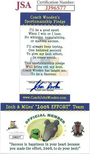 John Wooden signed UCLA Bruins Coach's Sportsmanship Pledge Official Member 2X3.5 Card- JSA #JJ96577