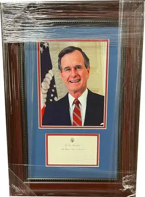Vice President George H. W. Bush Cut Signature Custom Framing- JSA #AC92262 w/ Photo (15x21)