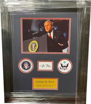 President George W. Bush signed Bookplate Cut Signature Custom Framing w/ 7.5x10.5 Photo/Presidential Seals- Beckett Review (20x