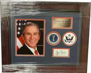 President George W. Bush signed Bookplate Custom Framing w/ 8x10 Photo/Presidential Seals- Beckett Review (18x22)