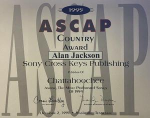 Alan Jackson 1995 ASCAP 11x14 Country Music Award Sony Cross Keys Publishing/Chattahoochee