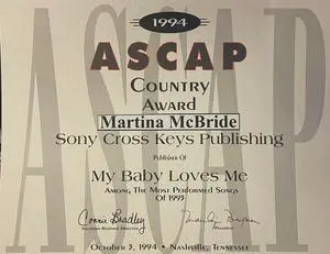 Martina McBride 1994 ASCAP 11x14 Country Music Award Sony Cross Keys Publishing/My Baby Love Me