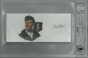 Donald Strait signed 6.5”x3” cut signature w/ Image– BAS/Beckett Encapsulated (WWII/Korean War/Double Ace Pilot 13.5 Kills)