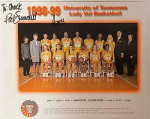 Pat Summitt  & Tamika Catchings dual signed 1998-99 Tennessee Lady Vols National Championship 8.25x10 Photo– To: Chuck– COA