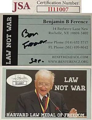 Ben/Benjamin Ferencz signed Law Not War 2x3.5 Business Card- JSA #II11007- WWII Nuremberg Trials- Courtroom Prosecutor