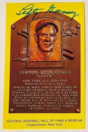 Lefty Gomez signed HOF Plaque 3.5x5.5 Postcard- JSA #LL60410 (NY Yankees/Senators)