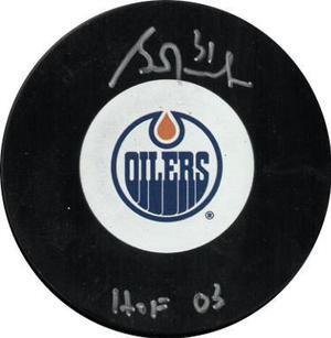 Grant Fuhr signed Edmonton Oilers Logo Hockey Puck #31 HOF 03- Beckett Witnessed